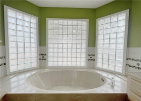 Glass block windows allow natural light and maintain privacy. Huge tub with space to set plants or bottles of bubble wash.