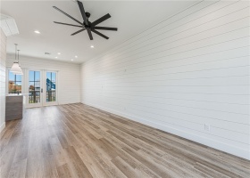 Great room with shiplap ceiling