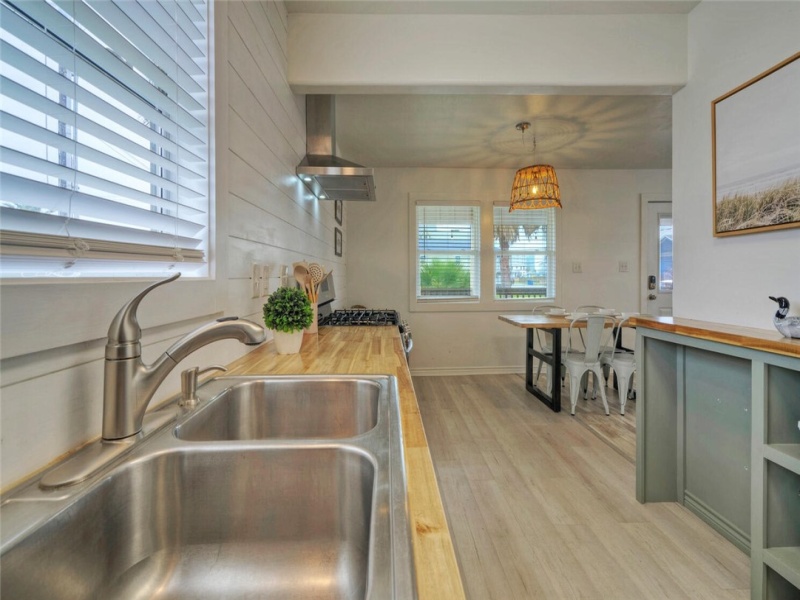 Butcher block counters and stainless steel sink